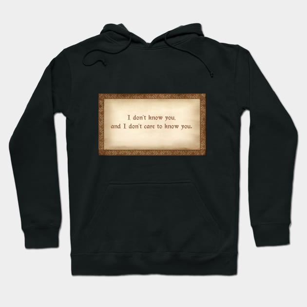 I don't know you, and I don't care to know you. Hoodie by Steamheart